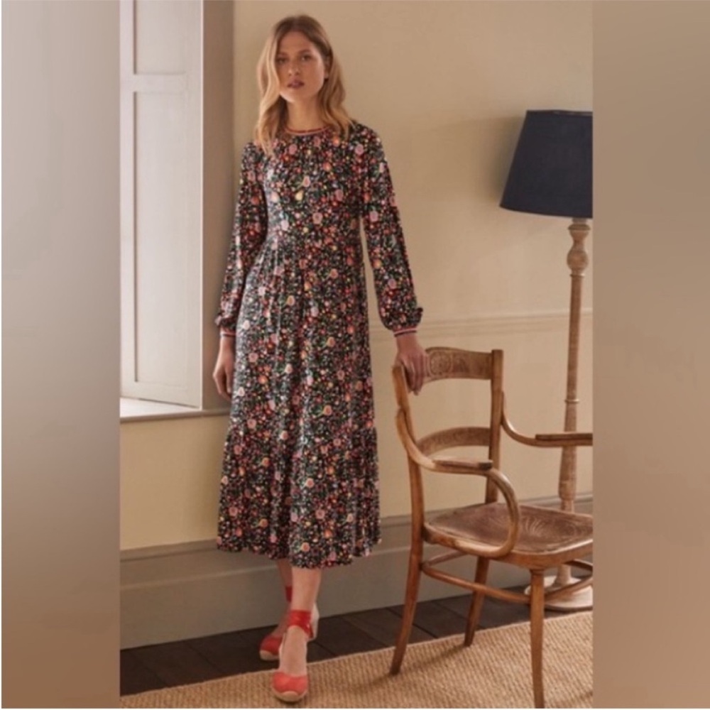 Boden Floral Long Sleeve Mulit Color Midi Dress Formal Feminine Size 12R Casual